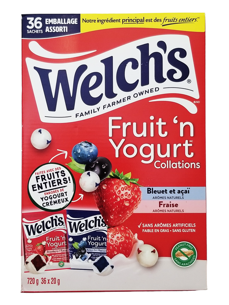 Box of Welch's Fruit 'n Yogurt Collations with berries and yogurt illustration on a red background