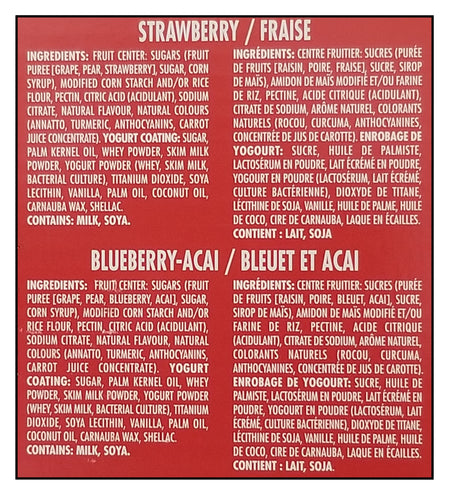 Ingredients list for Welch's Fruit 'n Yogurt Snacks, 36ct x 20g, 720g/25.3 oz on a red background with text in English and French.