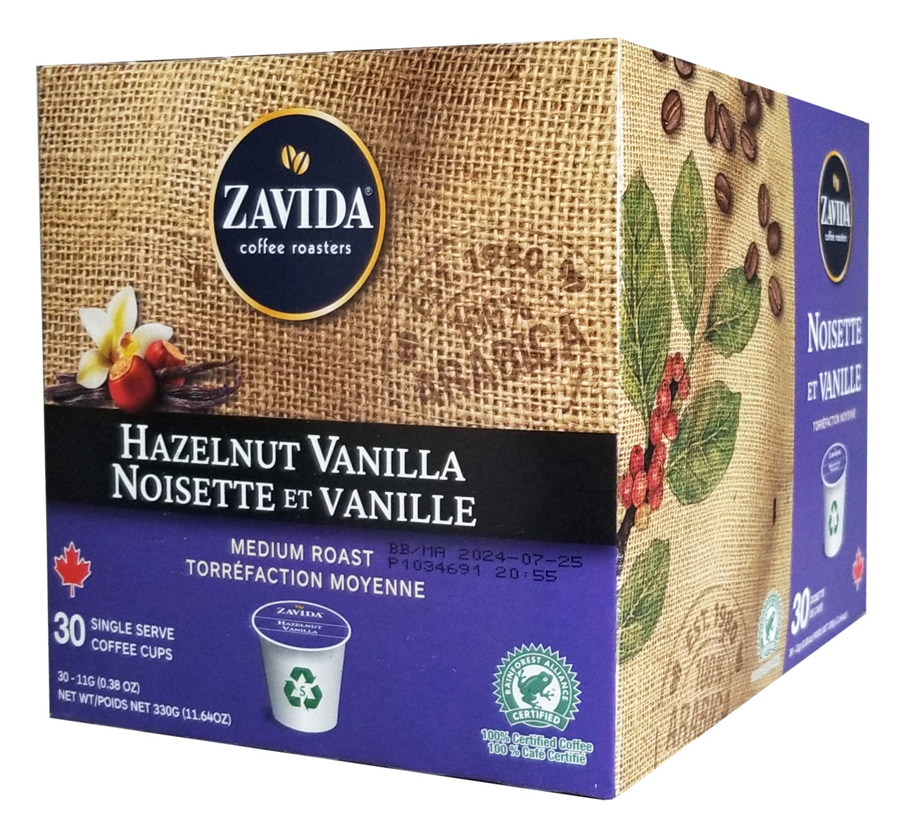Zavida Hazelnut Vanilla Medium Roast Coffee, K-Cups, 30 Count, 330g/11.64 oz. Box {Imported from Canada}