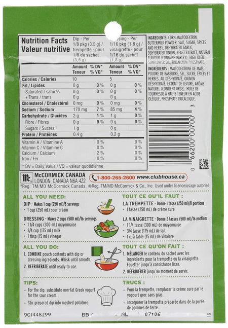 Club House, Dry Sauce/Seasoning/Marinade Mix, Salad N Dip, Country Herb, 28g/1 oz., {Imported from Canada}