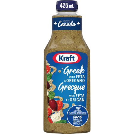 Kraft Greek Feta & Oregano Salad Dressing 425ml/14.4 oz., Bottle, front of bottle