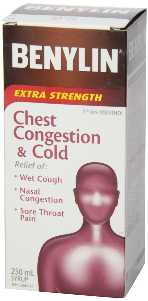Benylin Extra Strength Chest Congestion Cherry Menthol Flavor Syrup, 250ml 8.45 Fluid Ounces {Imported from Canada}