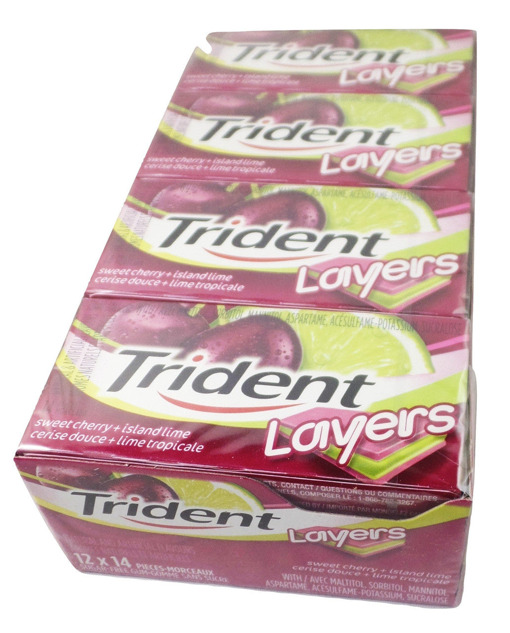 Trident Layers Sugar Free Gum (14-Pieces/Pack, 12ct/Box) (Sweet Cherry + Island Lime) (Imported from Canada)