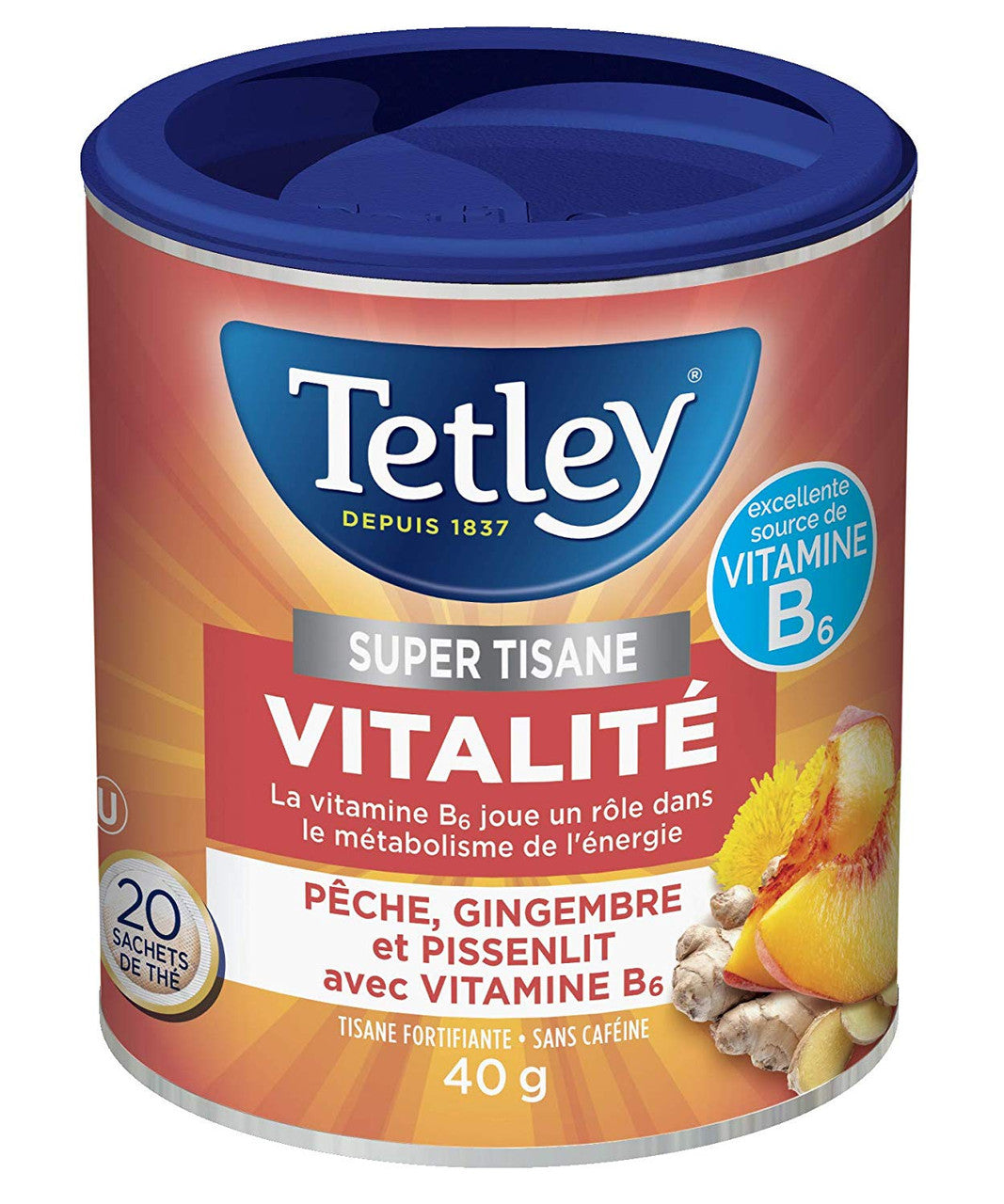 Tetley Super Herbal Tea Boost: Peach, Ginger, & Dandelion with Vitamin B6 - 20ct, {Imported from Canada}