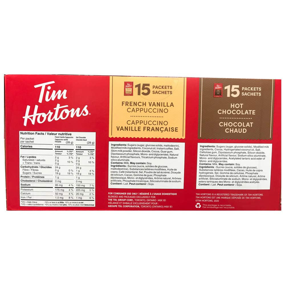 Tim Hortons Hot Chocolate Assorted Variety, French Vanilla & Cappuccino, 30x28g