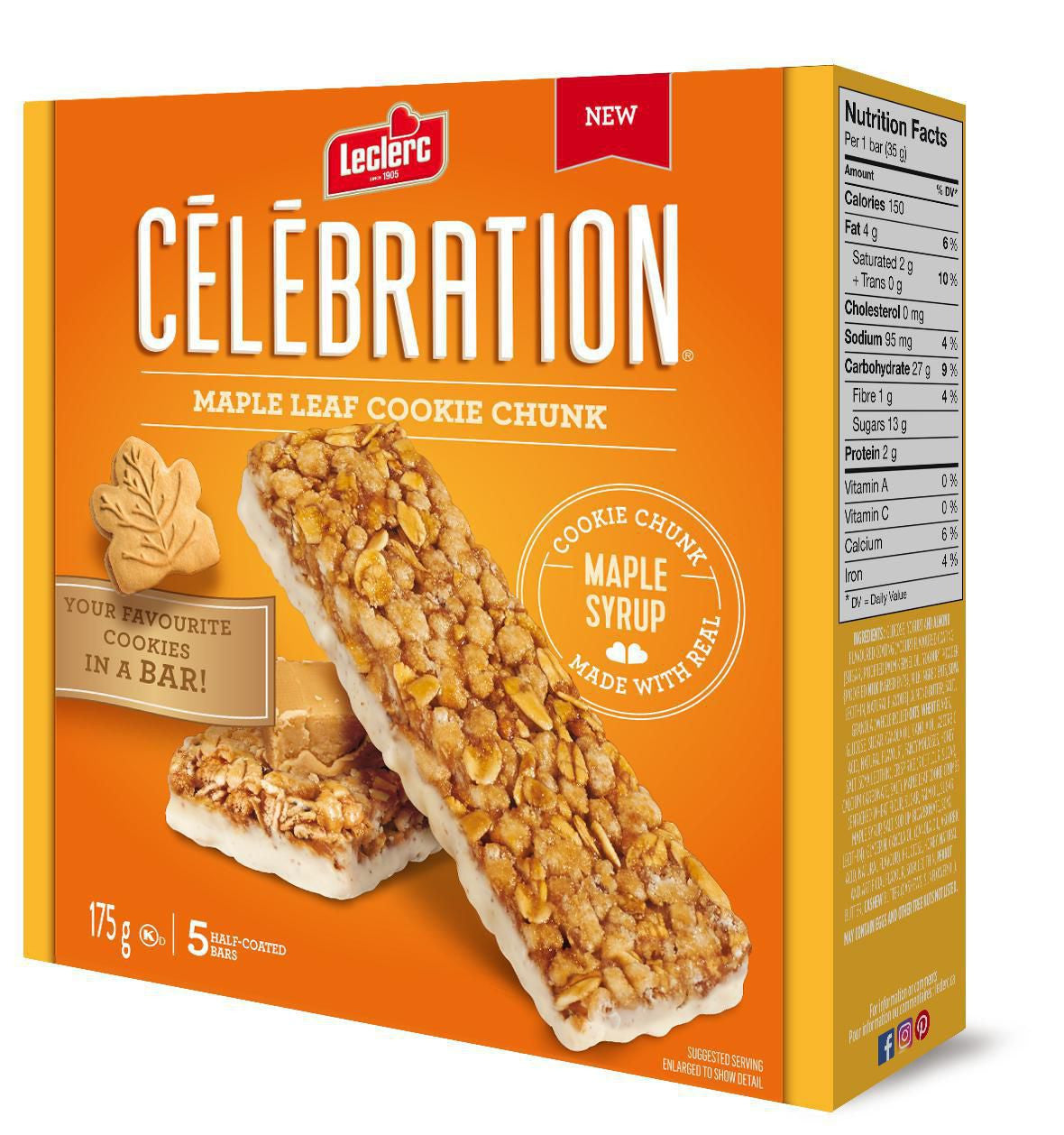 Leclerc Celebration Maple Leaf Cookie Chunk Bar (5ct) 175g/6.2 oz {Imported from Canada}