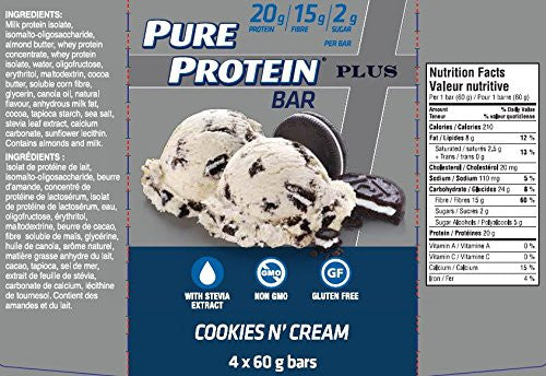 Pure Protein Plus Fibre Bars, Gluten Free, Cookies n' Cream, 60g, 4ct,{Imported from Canada}