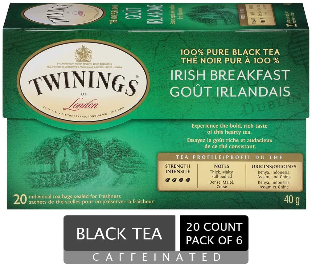 Twinings of London Irish Breakfast Tea Bags, 20 Count (Pack of 6) {Imported from Canada}