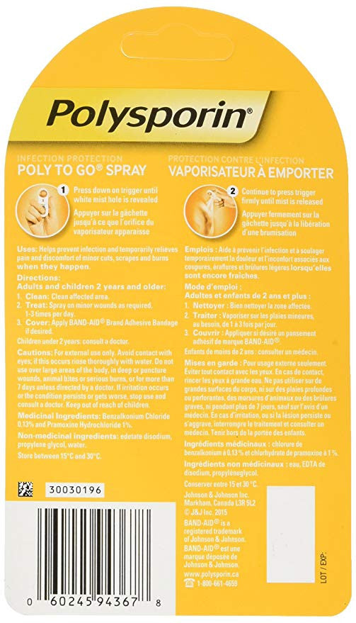 Polysporin Poly to Go First Aid Antiseptic Pain Relieving Spray, 7.7 ml {Canadian}