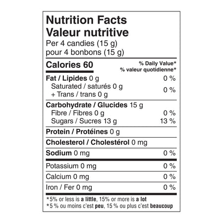 Nutrition facts label of Dare Original Scotch Mints Candy, 700g/1.5 lbs., Bag