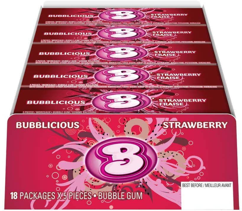 Bubblicious Strawberry Bubble Gum, 18 Count, {Imported from Canada}