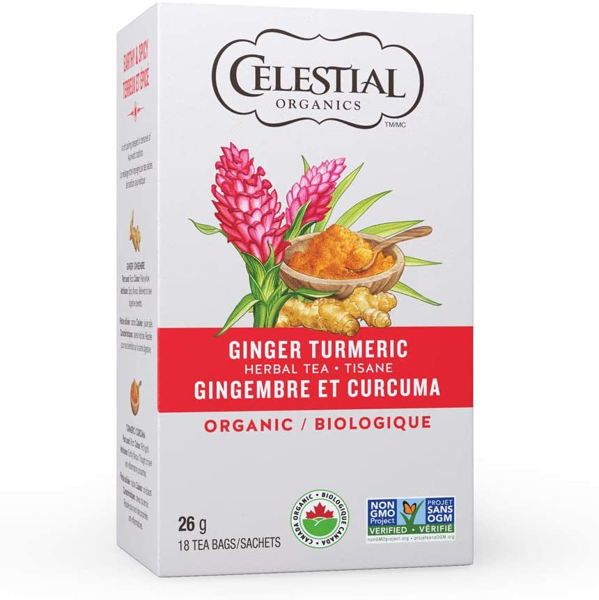 Celestial Seasonings Ginger & Turmeric Organic Herbal Tea, 18 Tea Bags per Box, 1 Box {Imported from Canada}
