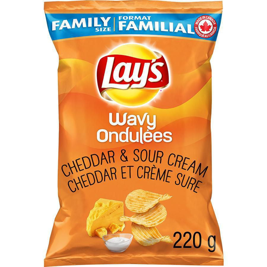 Lay's Wavy Cheddar & Sour Cream Potato Chips, 220g/7.8 oz., {Imported from Canada}