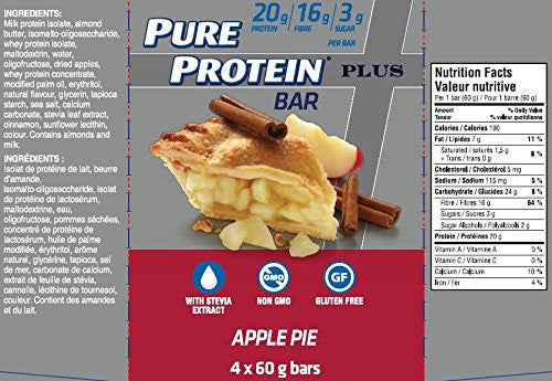 Pure Protein PLUS Fibre Bars, Gluten Free, Snack Bar, Apple Pie, 60g/2.1oz., 4 count, {Imported from Canada}