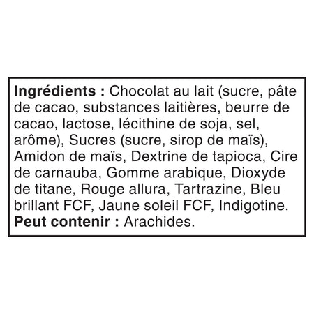 French ingredients label of M&M's Holiday Blend Milk Chocolate Candies, 165g/5.8 oz. Bag