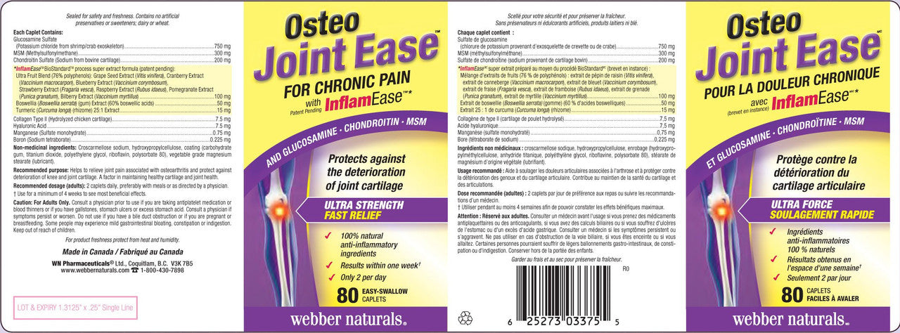 Webber Naturals Osteo Joint Ease with InflamEase, and Glucosamine Chondroitin MSM, 80 easy-swallow caplets {Imported from Canada}