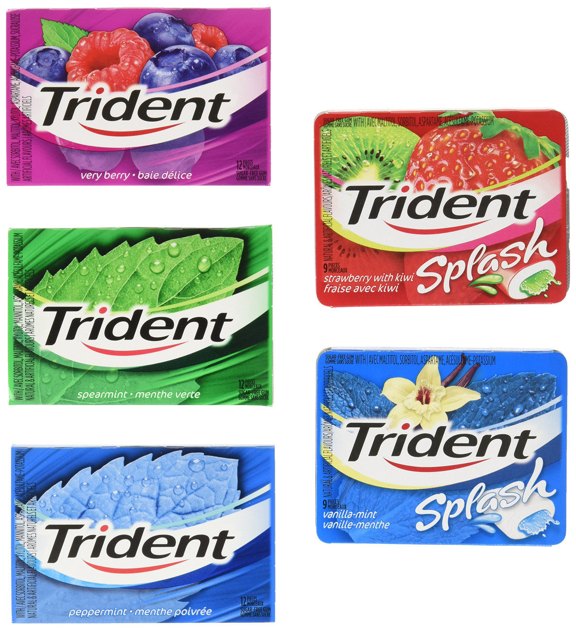 Trident - 24 pack - 8x Spearmint, 6x Very Berry, 6x Peppermint, 2x Vanilla Mint Splash, 2x Strawberry Kiwi Splash