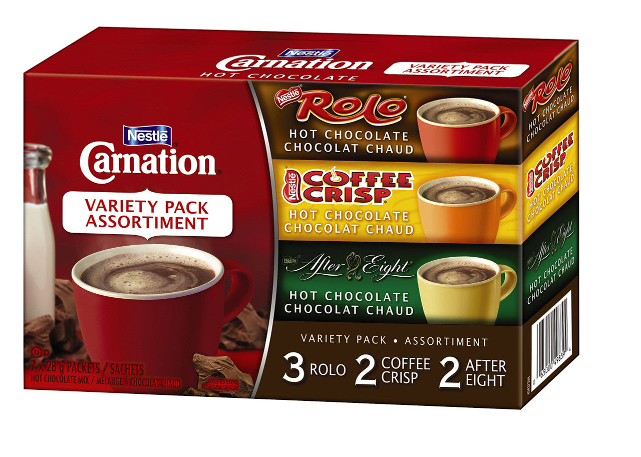 Nestle Carnation Hot Chocolate Variety Pack Turtles, Coffee Crisp, After Eight, 7-count Box, 28g Envelopes