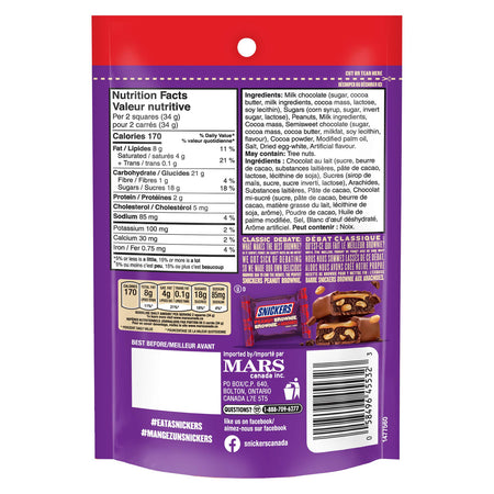 Snickers Peanut Brownie Caramel Chocolate Squares, Bag, 136g/4.8 oz., {Imported from Canada}