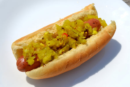 No name Sweet Green Relish, 750ml, relish on a hot dog.