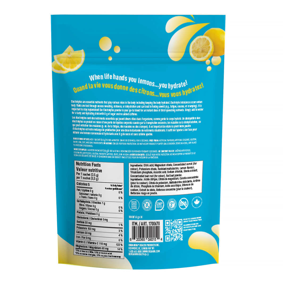 Organika Electorlytes Classic Lemonade Drink Mix Sachets, 30 pieces, 105g/3.7 oz. Bag {Imported from Canada}