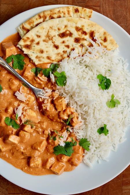 KFI Vegan Butter Chicken Cooking Sauce, 395ml/13.4 oz., Jar, vegan butter chicken cooking sauce with rice.