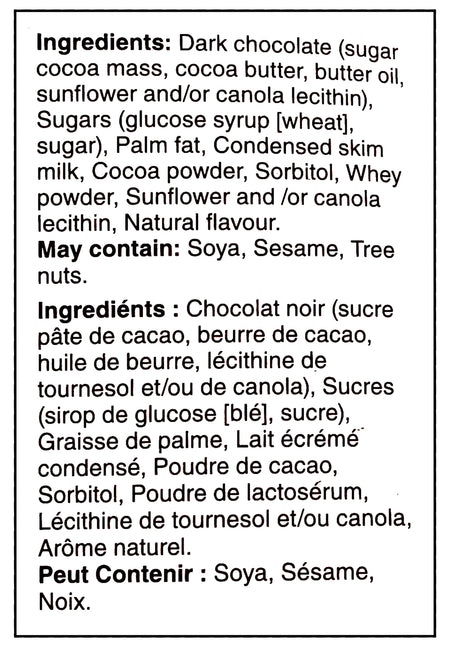 Ingredients label of Waterbridge Gold Butter Toffee Candy, Soft Caramel Enrobed In Dark Chocolate, 150g/5.3 oz., Box