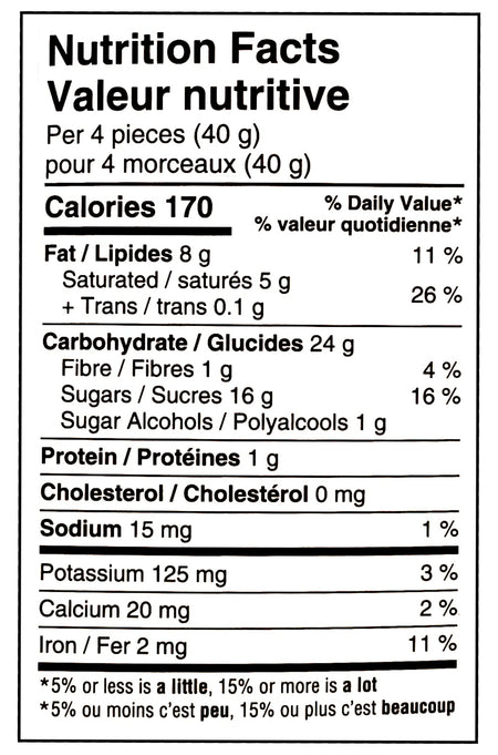 Nutrition facts label of Waterbridge Gold Butter Toffee Candy, Soft Caramel Enrobed In Dark Chocolate, 150g/5.3 oz., Box