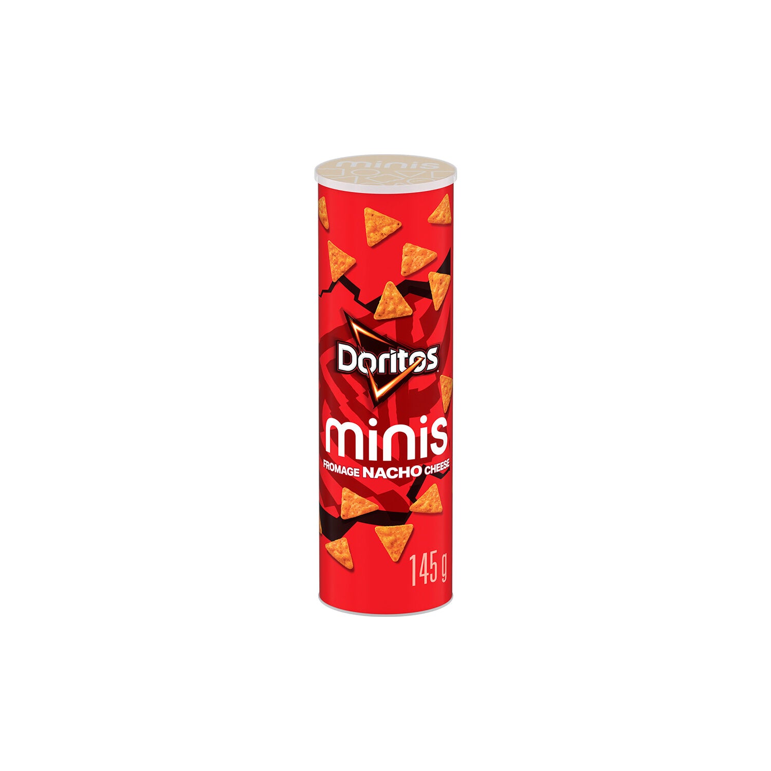 Doritos Minis Nacho Flavored Tortilla Chips, 145g, front of canister.