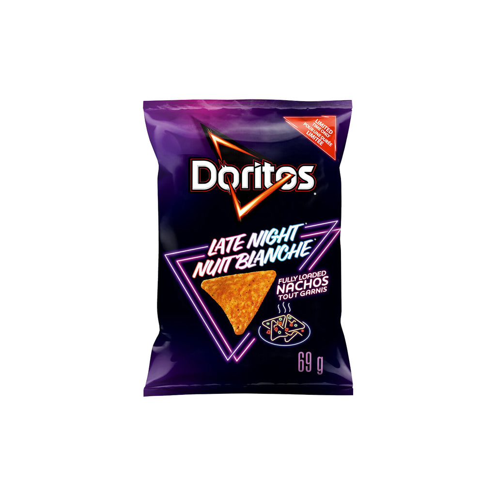 Doritos Late Night Fully Loaded Nachos Flavored Tortilla Chips, 69g/2.4 oz., front of bag.