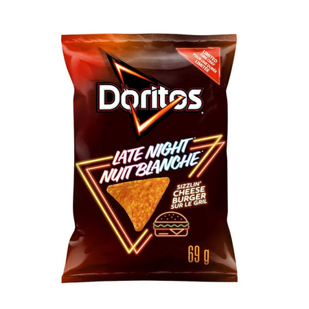 Doritos Late Night Sizzlin' Cheese Burger Flavored Tortilla Chips, 69g/2.4 oz., front of bag.