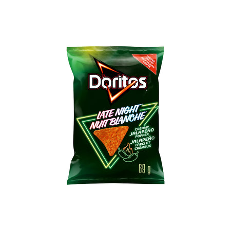 Doritos Late Night Creamy Jalapeno Popper Flavored Tortilla Chips, 69g/2.4 oz., front of bag.