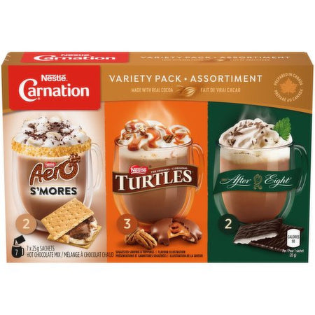 Carnation Hot Chocolate, Variety Pack, Aero, Turtles, After Eight (7ct x 25g) sachets, {Imported from Canada}