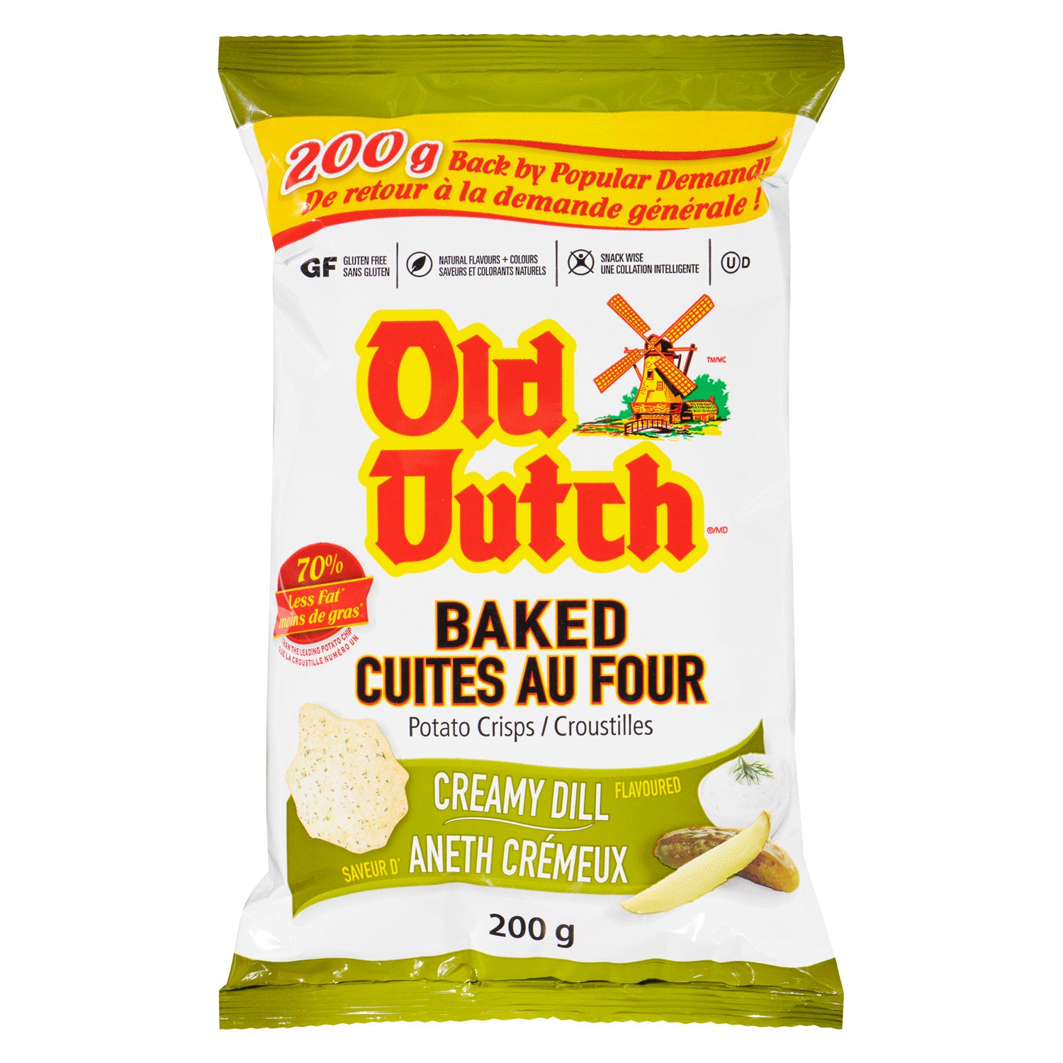 Old Dutch Baked Creamy Dill Flavored Potato Chips, 200g/7 oz., Bag, front of bag