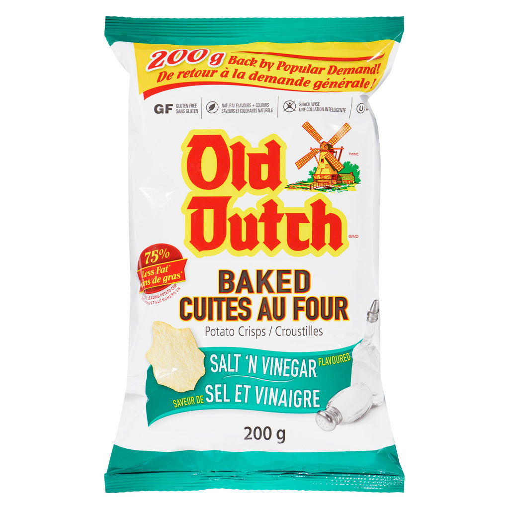 Old Dutch Baked Salt 'N Vinegar Flavored Potato Chips, 200g/7 oz., Bag, front of bag