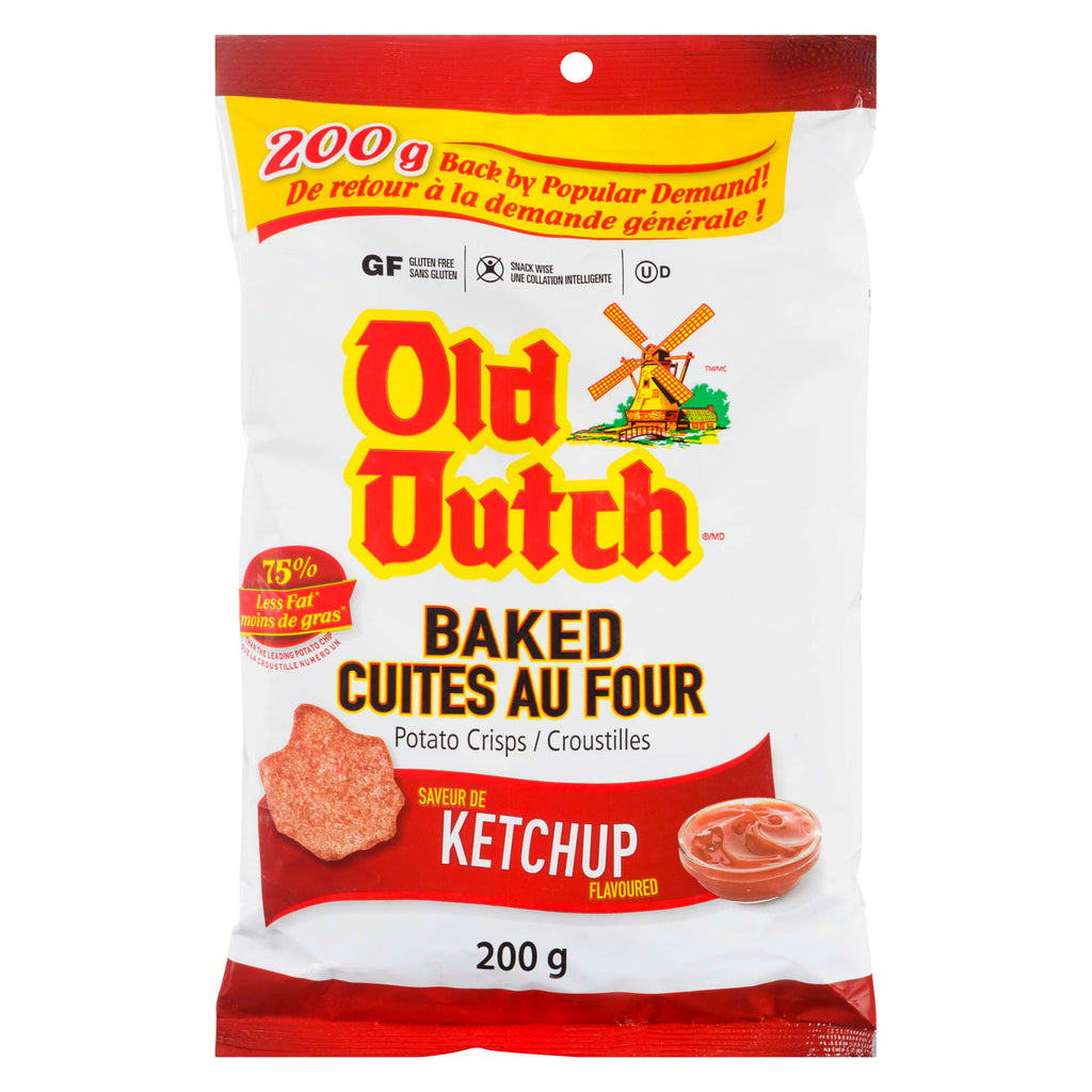 Old Dutch Baked Ketchup Flavored Potato Chips, 200g/7 oz., Bag, front of bag