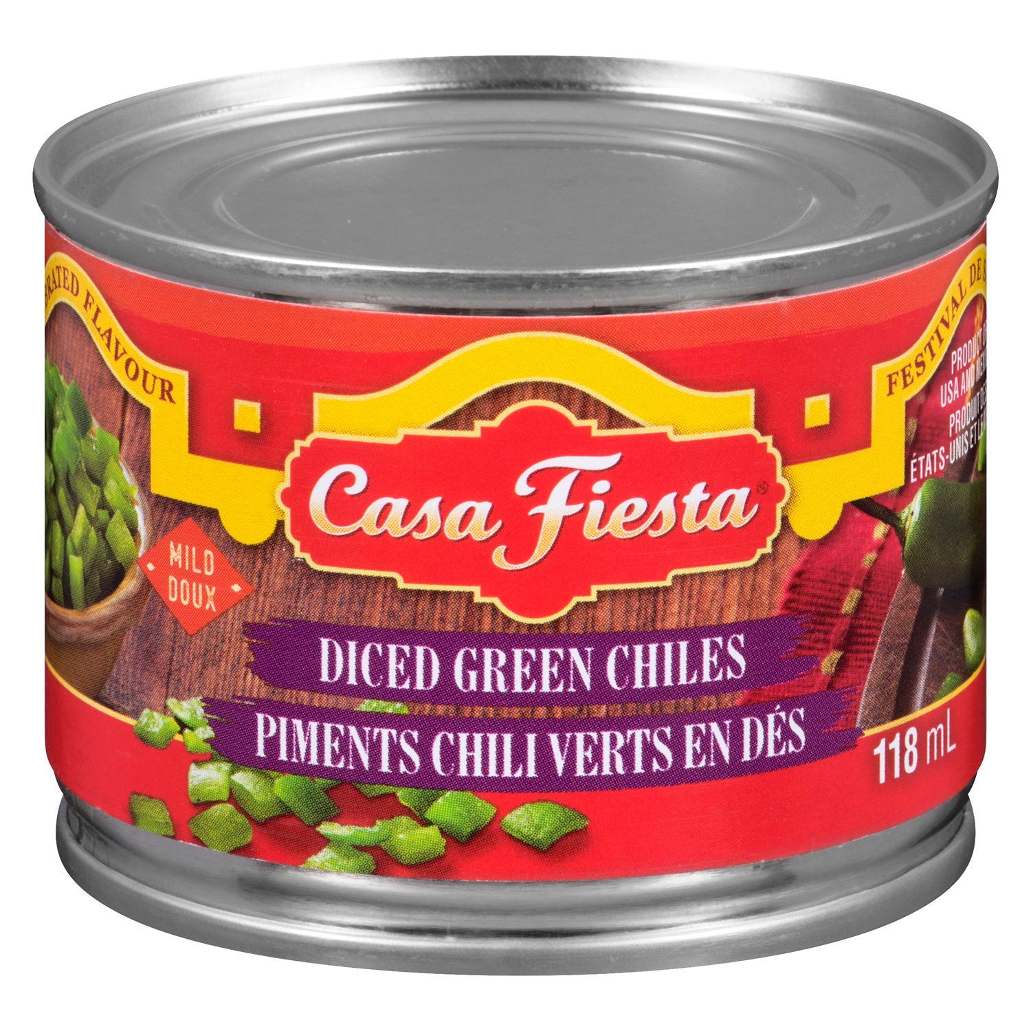 Front of Casa Fiesta Diced Green Chiles, Mild, 118mL/4 fl. oz. Can