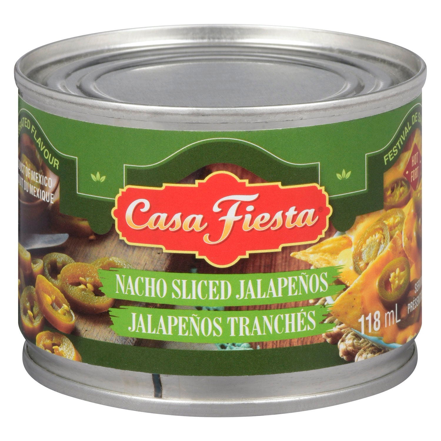 Front of Casa Fiesta Nacho Sliced Jalapeno, Hot, 118mL/4 fl. oz. Can