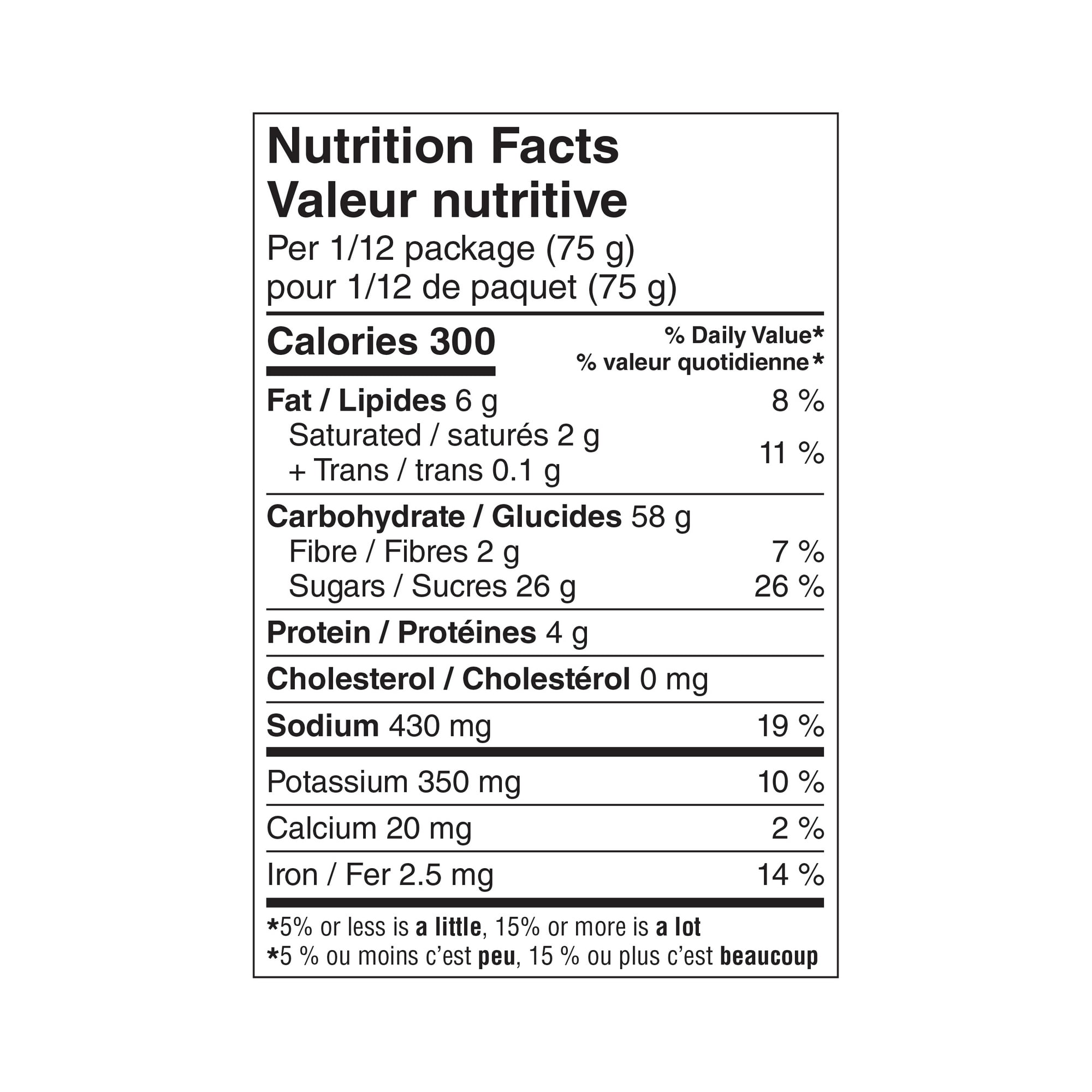 Nutrition facts label for Great Value All Purpose Muffin Mix, Makes 24 Muffins - 900g on a white background