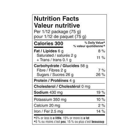Nutrition facts label for Great Value All Purpose Muffin Mix, Makes 24 Muffins - 900g on a white background