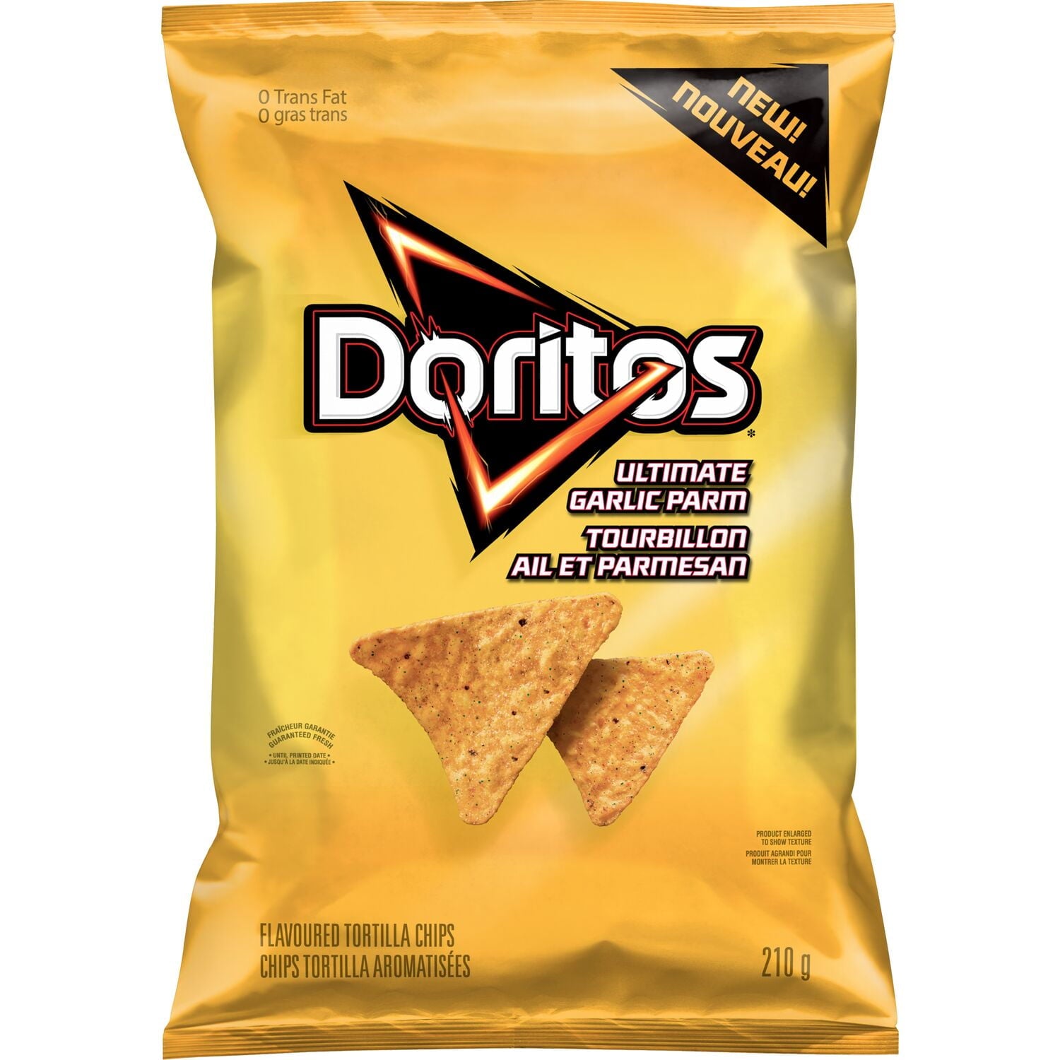Yellow bag of Doritos Ultimate Garlic Parm Flavored Tortilla Chips, 210g bag on a white background
