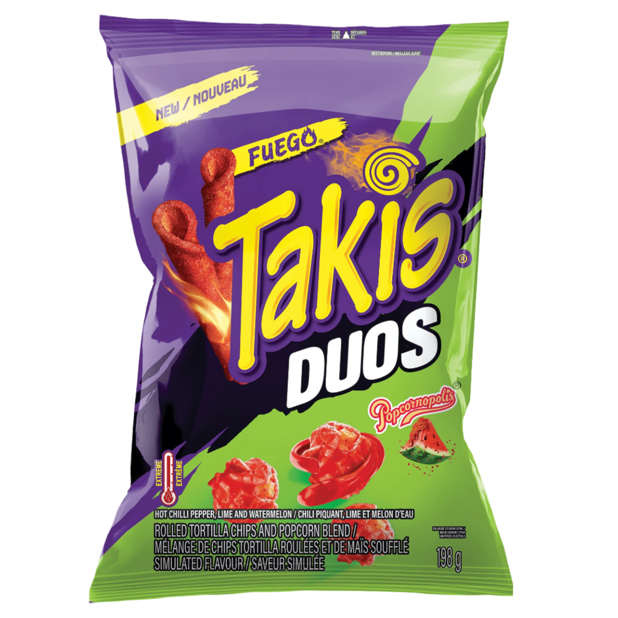 TAKIS Duos Fuego Tortilla Chips, 198g/6.9 oz with purple and green design on a transparent background