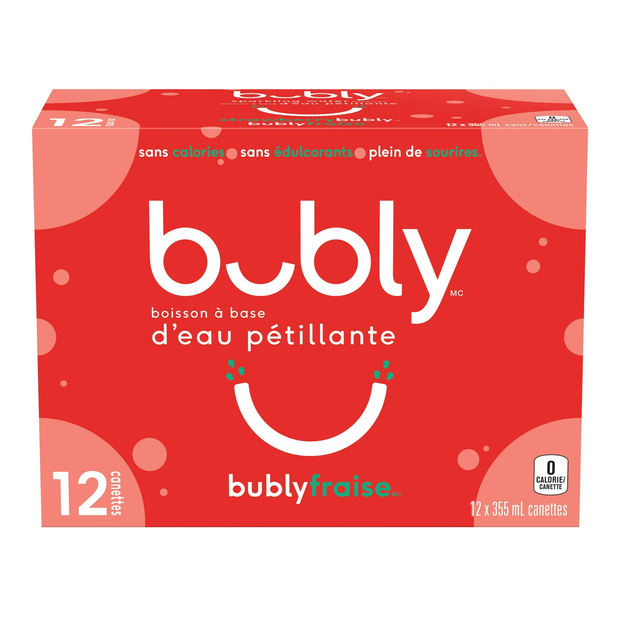 Front of Bubly Strawberry Sparkling Water Beverage, 12x355ml cans, 4.26L/144 oz in French