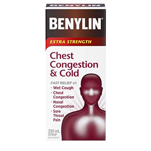 Benylin Extra Strength Chest Congestion Cherry Menthol Flavor Syrup, 250ml 8.45 Fluid Ounces {Imported from Canada}