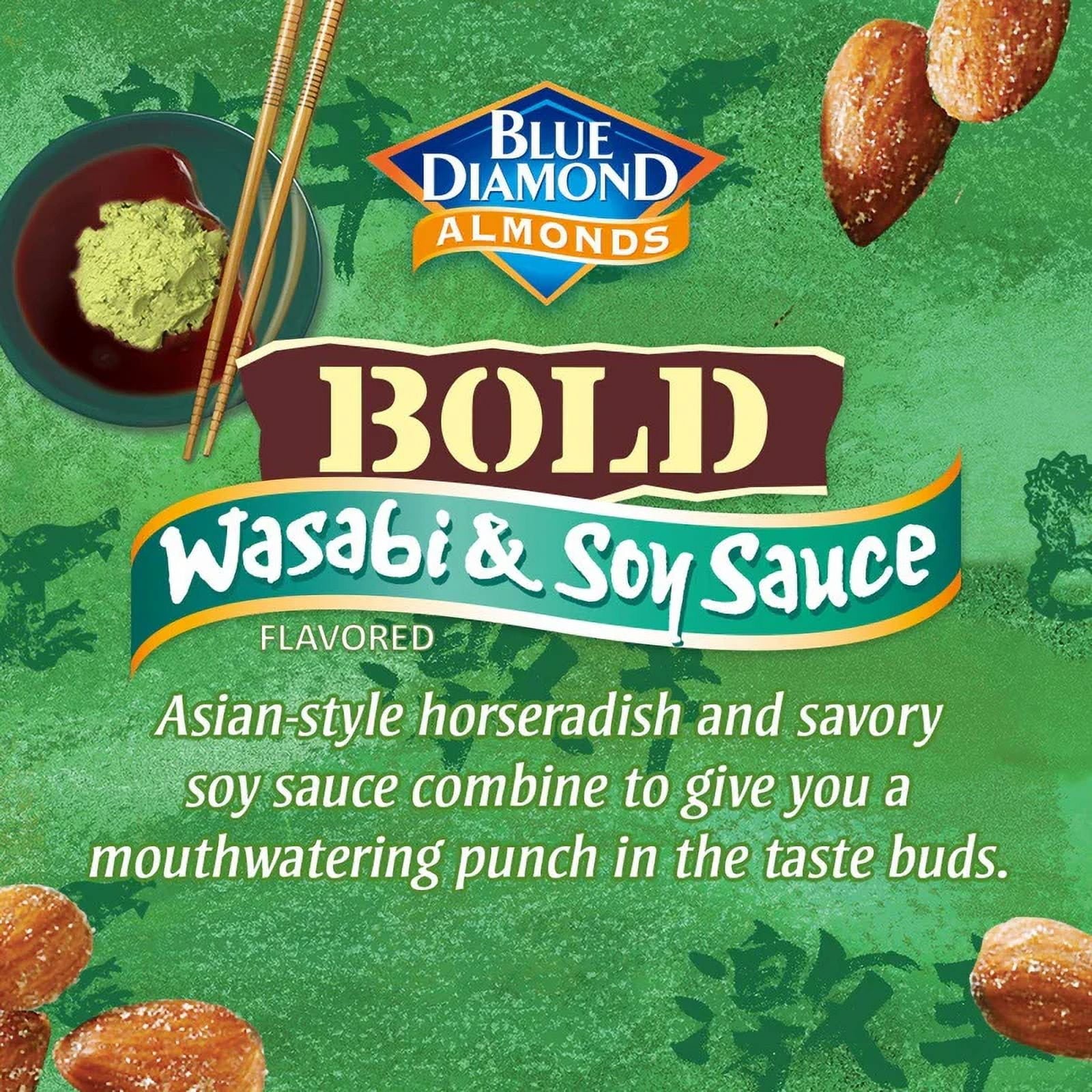 Blue Diamond Almonds Bold Wasabi & Soy Sauce flavor packaging with almonds and wasabi on a green background.