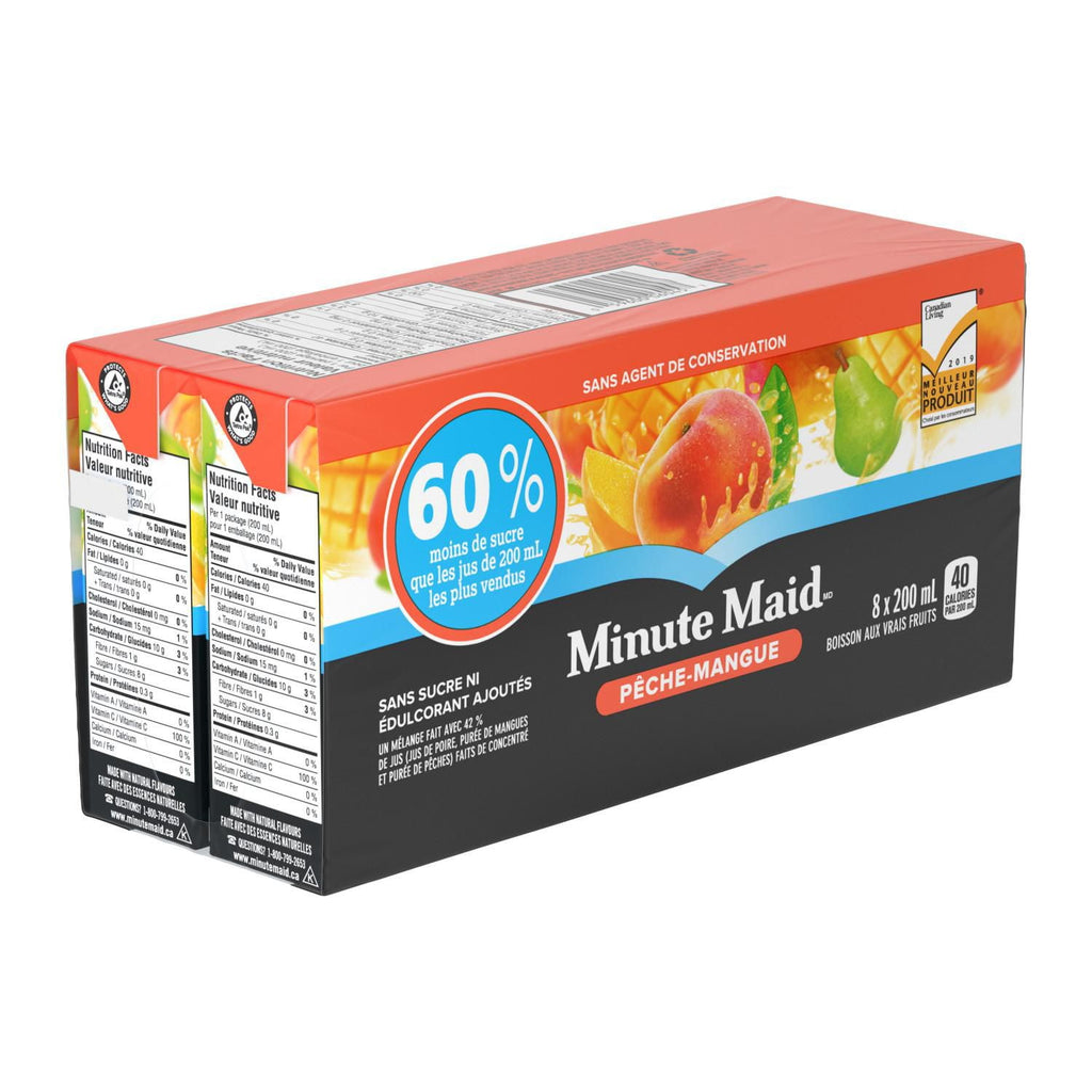 Minute Maid Peach Mango Juice Boxes, 60% Less Sugar, Perfect for On-The-Go, 8x200ml, 1.6L/56.4 fl. oz - Left Side Of Package French