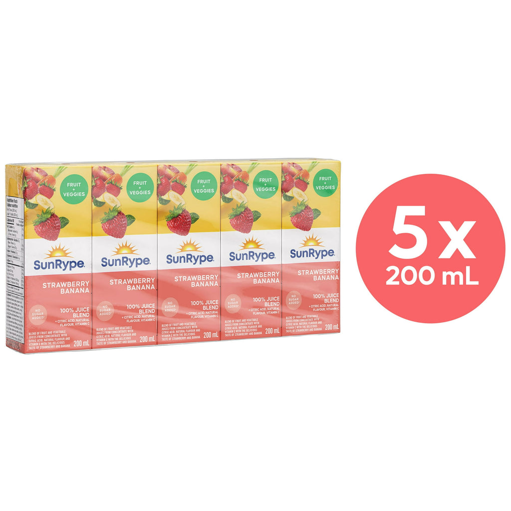 SunRype Strawberry Banana Juice Boxes Perfect for On-The-Go, 5x200ml, 1L/33.8 fl. oz. - Front O Pack