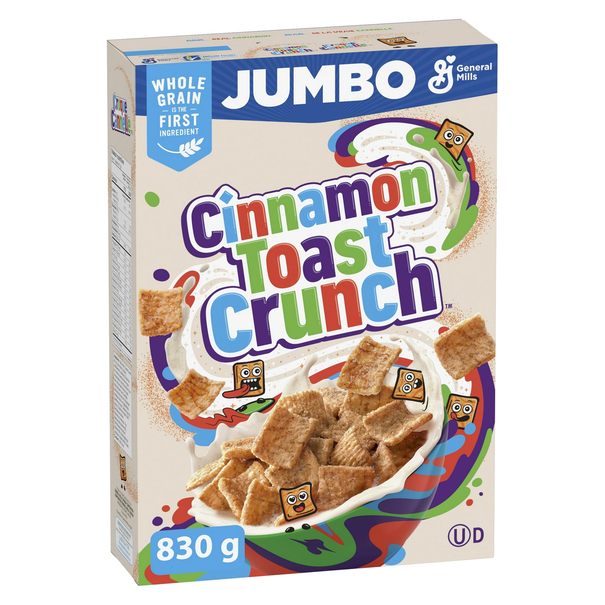 Box of Jumbo Cinnamon Toast Crunch cereal with colorful design and General Mills branding.