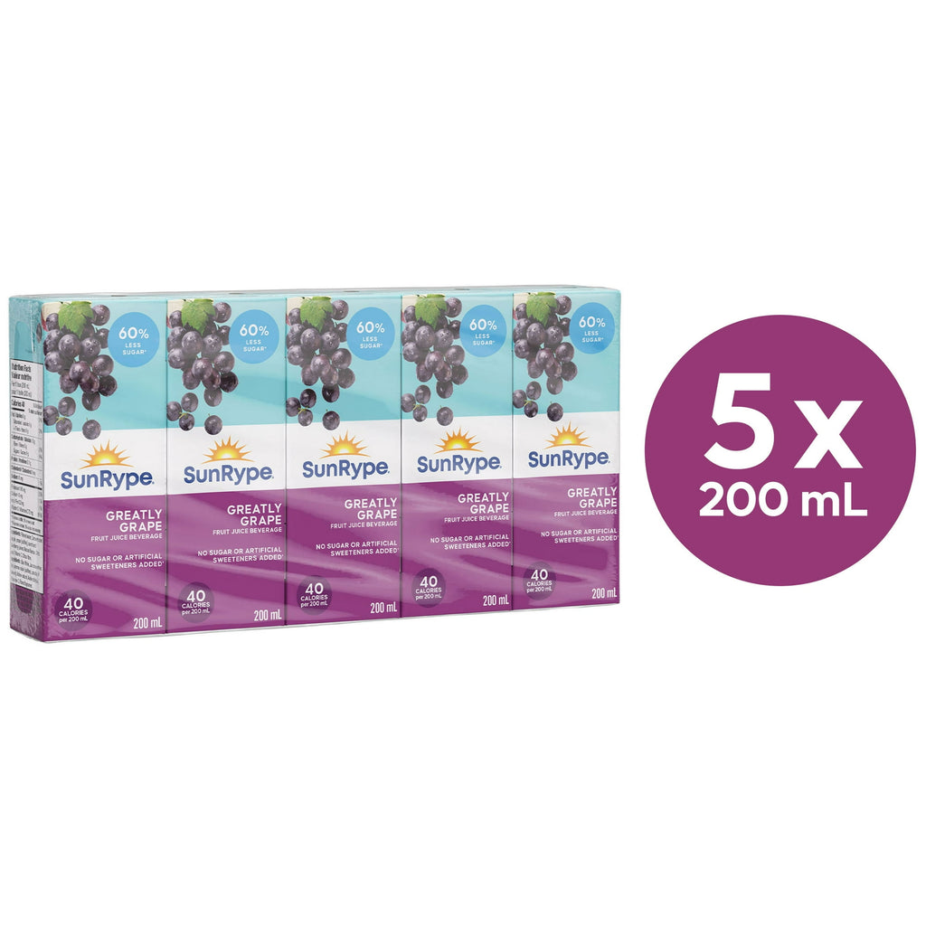 SunRype Greatly Grape Juice Boxes Perfect For On-The-Go, 60% Less Sugar, 5x200ml/33.8 fl. oz. - Front Of Pack