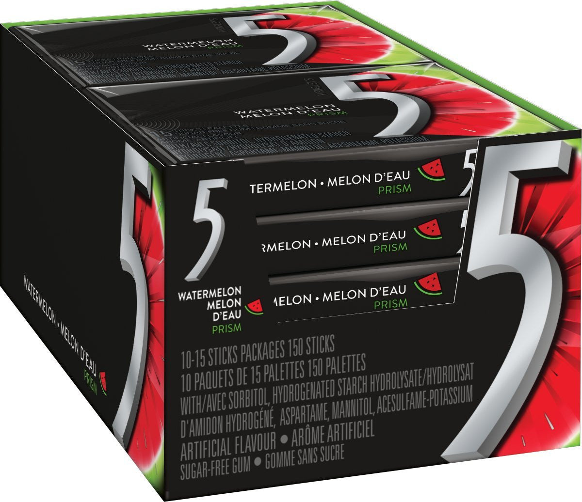 Wrigley 5 Prism Electric Watermelon Sugar Free Gum, 10ct x 15pcs, (Imported from Canada)